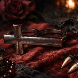 Vamp Romantic Metallic Sideways Cross Double Finger Ring Dark Academia Goth Punk
